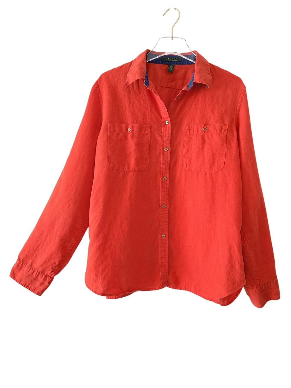 100% Linen Lauren Ralph Coral Orange Button-Front Shirt w Blue Trim Size XL